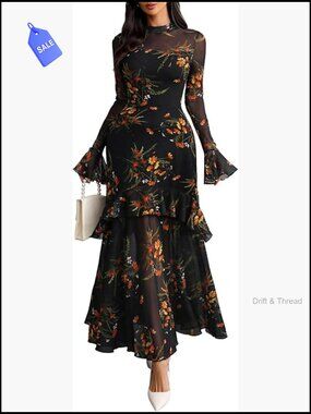 Floral Maxi Dress Sheer Mesh Bell Sleeve Tiered Ruffle Gothic Romantic